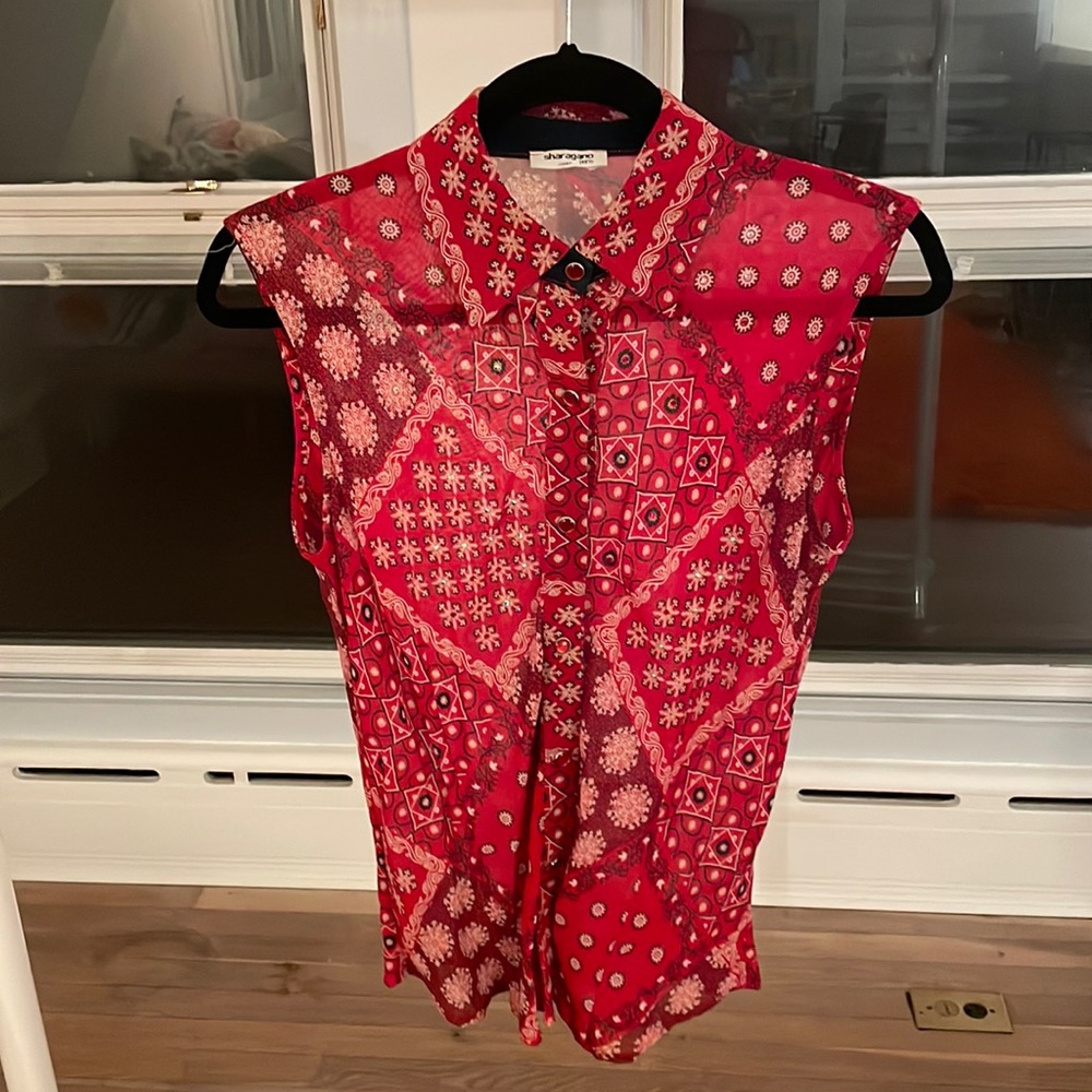 Sharagano Paris, circa 2000. Viscose paisley inspired blouse, size M.